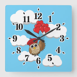 Horloge Carrée Chouette mignonne volant avec des ballons de coeur