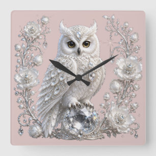 Horloge Carrée Chouette Perle de Cristal Blanc