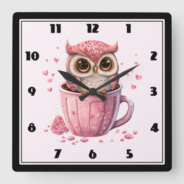 Horloge Carrée Chouette rose mignonne en coupe (Recto)