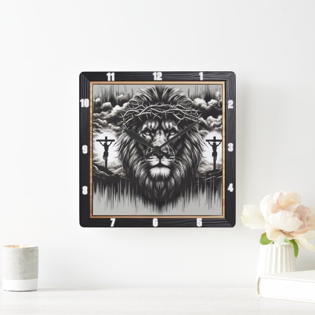 Horloge Carrée Christ Lion Calvaire Religieux (Maison)