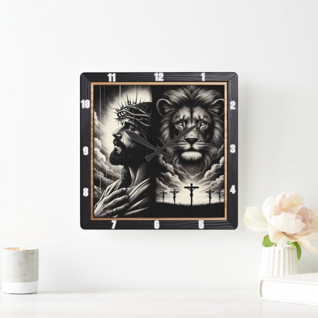 Horloge Carrée Christ Lion Calvaire Religieux (Maison)