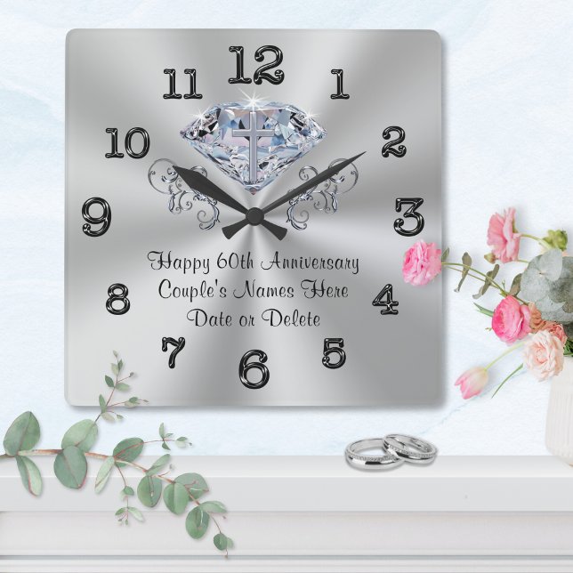 Horloge Carrée Christian Soixantième anniversaire Mariage Cadeau (60th Anniversary Gift Ideas for Parents, Grandparents, Friends and Family. Custom, Diamond Clock. )