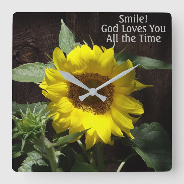 Horloge Carrée Christian Sunflower Sourire Dieu vous aime (Recto)