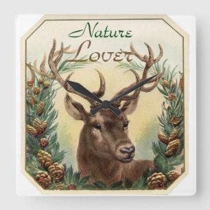 HORLOGE CARRÉE CHRISTMAS DEER PINE CONE CROWN NATURE LOVER
