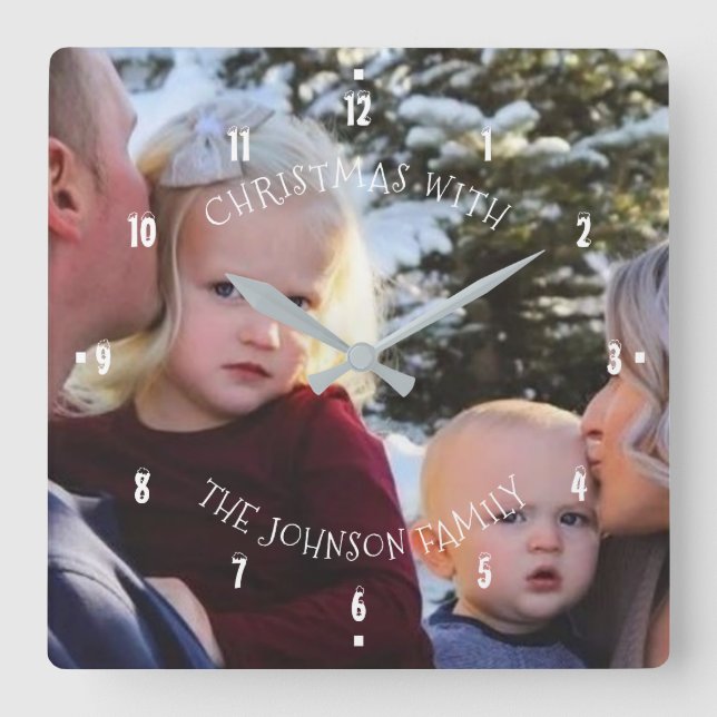 Horloge Carrée Christmas With Any Name Photo Family Solive (Recto)