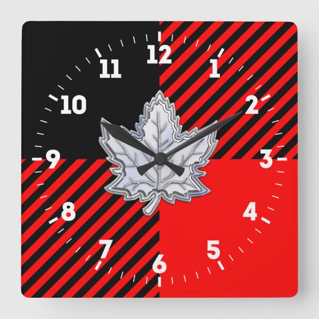 Horloge Carrée Chrome comme feuille d'érable sur Buffalo Check su (Recto)