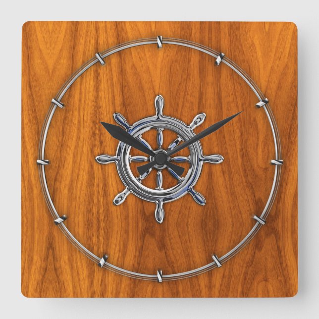 Horloge Carrée Chrome style Nautical Wheel on Teak (Recto)