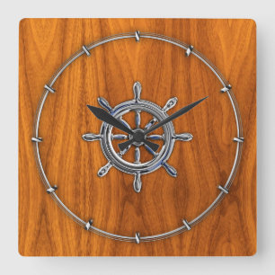 Horloge Carrée Chrome style Nautical Wheel on Teak