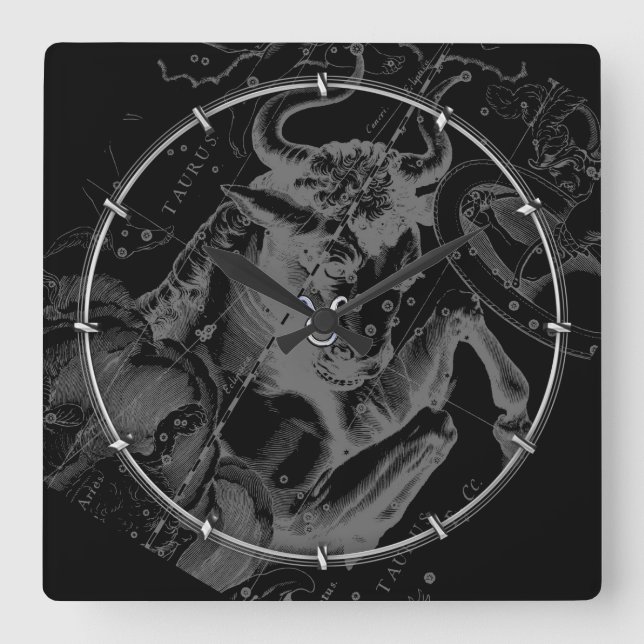 Horloge Carrée Chromique Taurus Zodiac on Hevelius Black (Recto)