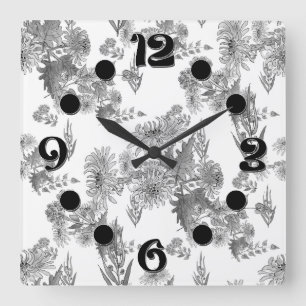 Horloge Carrée Chrysanthèmes Lilac, aquarelle carré cloche murale