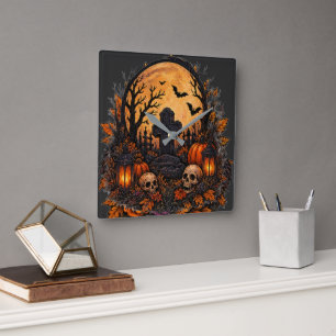 Horloge Carrée Cimetière gothique hanté au clair de lune Hallowee