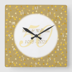 Horloge Carrée cinquantième Confettis de coeurs d'or