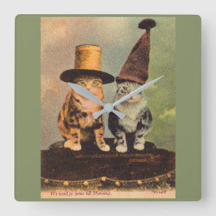 Horloge Carrée circa 1900 chats en RPPC casquette