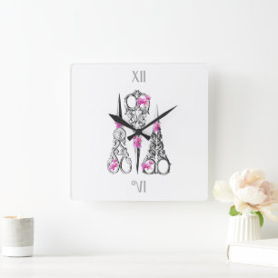 Horloge Carrée Ciseaux floraux vintage pour couturiers et coiffeu