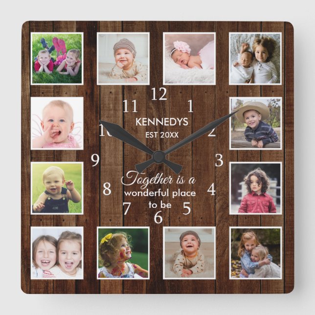 Horloge Carrée Citation Collage de 12 photos personnalisée Bois B (Recto)