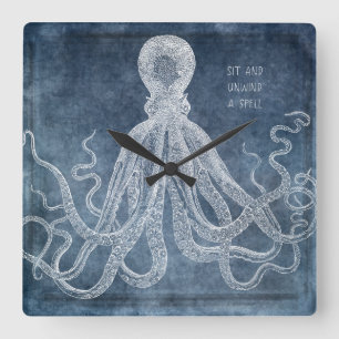 Horloge Carrée Citation d'aquarelle bleu octopus twilight Vintage