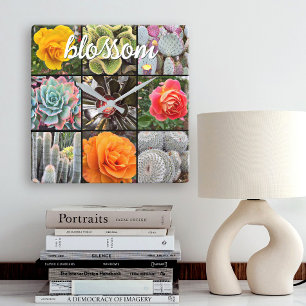 Horloge Carrée Citation de Blossom Vivid Cactus Roses Gros plan P