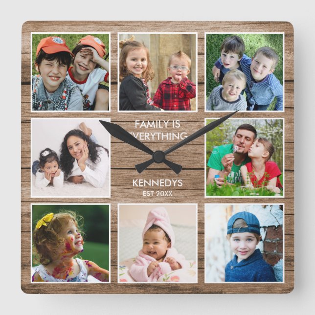 Horloge Carrée Citation de famille Collage de photos 8 personnali (Recto)