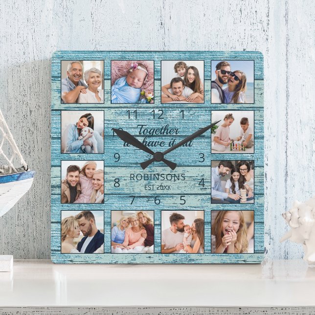 Horloge Carrée Citation de famille Collage photo Bois bleu rustiq (Créateur téléchargé)