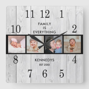Horloge Carrée Citation de la famille de photos Rustic White Wood
