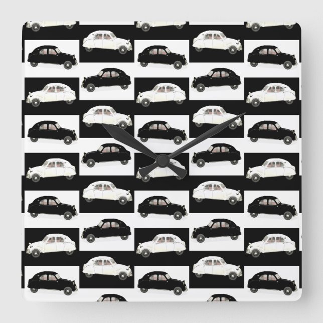 Horloge Carrée Citroen Motif blanc et noir 2CV (Recto)