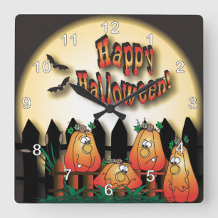 Horloge Carrée Citrouilles d'Halloween assis sur une clôture