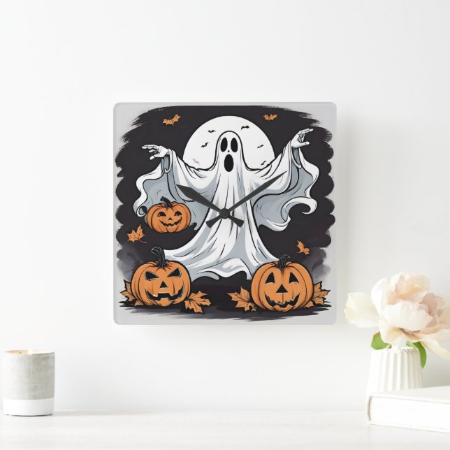 Horloge Carrée Citrouilles fantômes hantés à Halloween (Maison)
