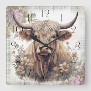 Horloge Carrée Clan d'aquarelle de la vache Highland