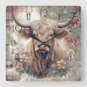 Horloge Carrée Clan d'aquarelle de la vache Highland