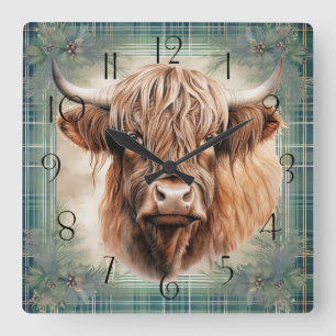 Horloge Carrée Clan d'aquarelle de la vache Highland