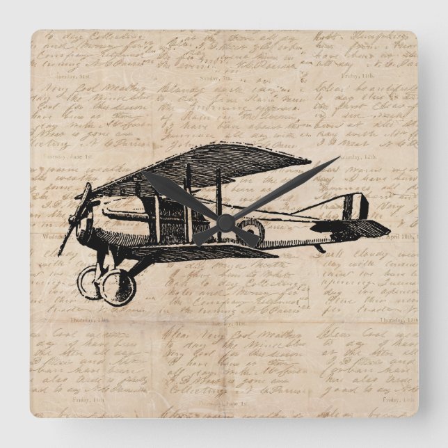 Horloge Carrée Classic Airplane Antique Aviation Art Script (Recto)