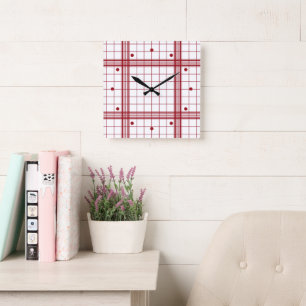 Horloge Carrée Classic Dark Red Farmhouse Plaid Pattern On White