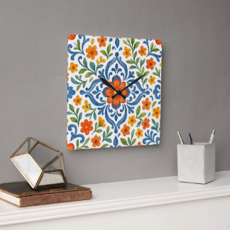 Horloge Carrée Classic Ethnic Méditerranéen Floral Art Motif