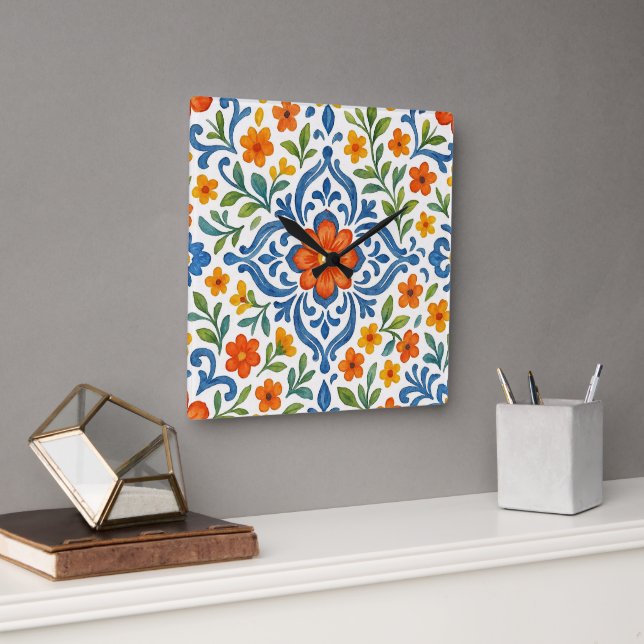 Horloge Carrée Classic Ethnic Méditerranéen Floral Art Motif (Bureau)