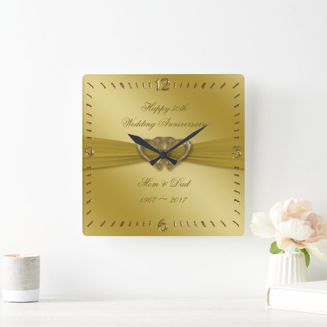 Horloge Carrée Classic Golden 50th Wedding Anniversary Wall Clock (Maison)