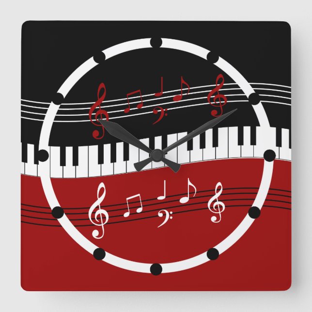 Horloge Carrée Clés et notes de piano noir rouge élégant (Recto)