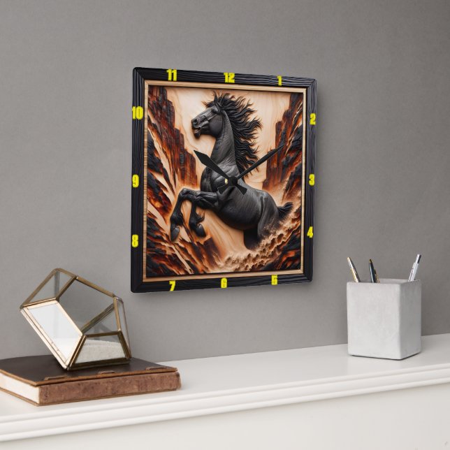 Horloge Carrée Cliff Gallop : Personalisé Charred Wood Mustang (Bureau)