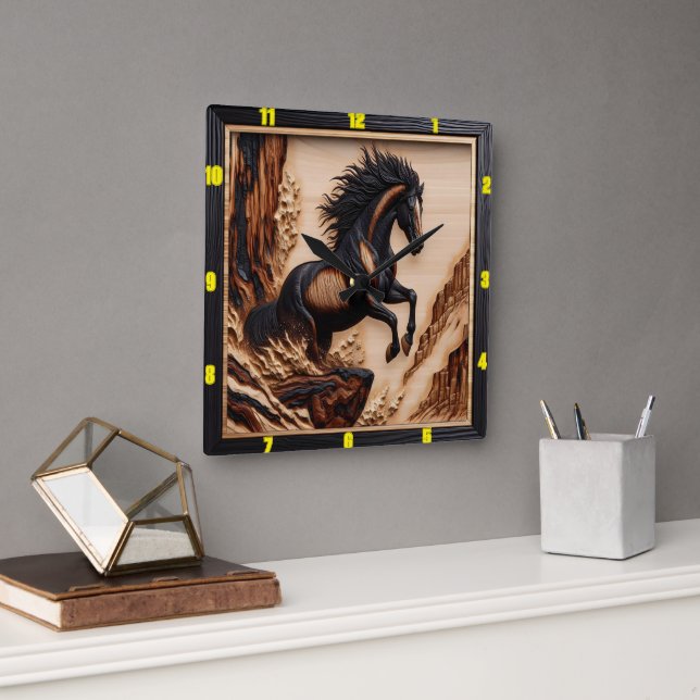 Horloge Carrée Cliffside Spirit Personnalisé Charred Wood Mustang (Bureau)