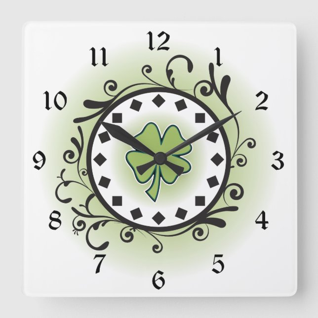Horloge Carrée Clocher et vignes vert, noir et blanc irlandais (Recto)