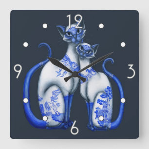 Horloge Carrée Clock Blue Willow Siamese