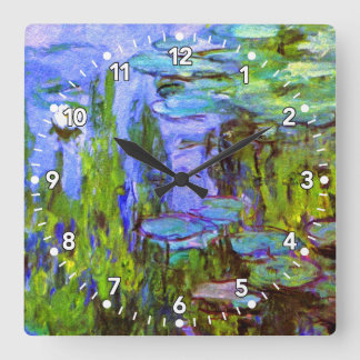 Horloge Carrée Clock de Monet Water Lilies en Blue, Green & Laven
