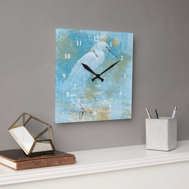 Horloge Carrée Clock de Snowy Egret Wall (Bureau)
