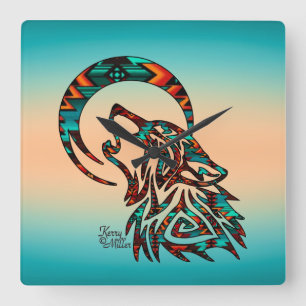 Horloge Carrée Clock Tribal Wolf Square