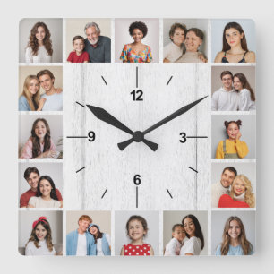 Horloge Carrée Clôture en bois blanc faux collage de 20 photos