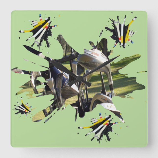 Horloge Carrée Clubs De Golf Et Art Abstrait Tee - shirt, (Recto)