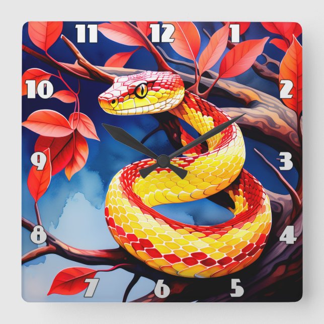 Horloge Carrée Cobra avec des écailles rouge et jaune vibrantes d (Recto)