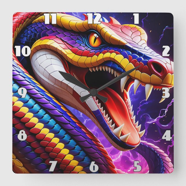 Horloge Carrée Cobra rouge vif écailles bleu et jaune (Recto)