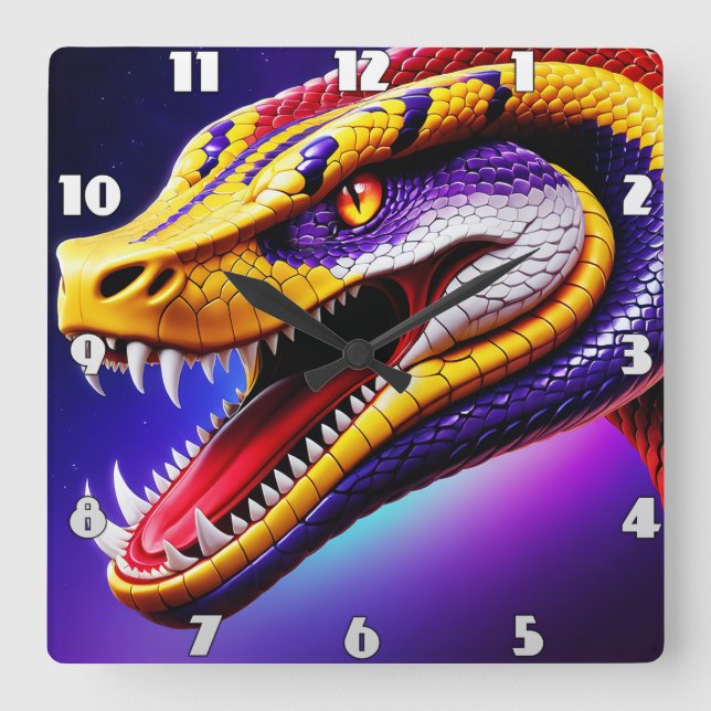 Horloge Carrée Cobra rouge vif violet blanc et jaune écailles (Recto)