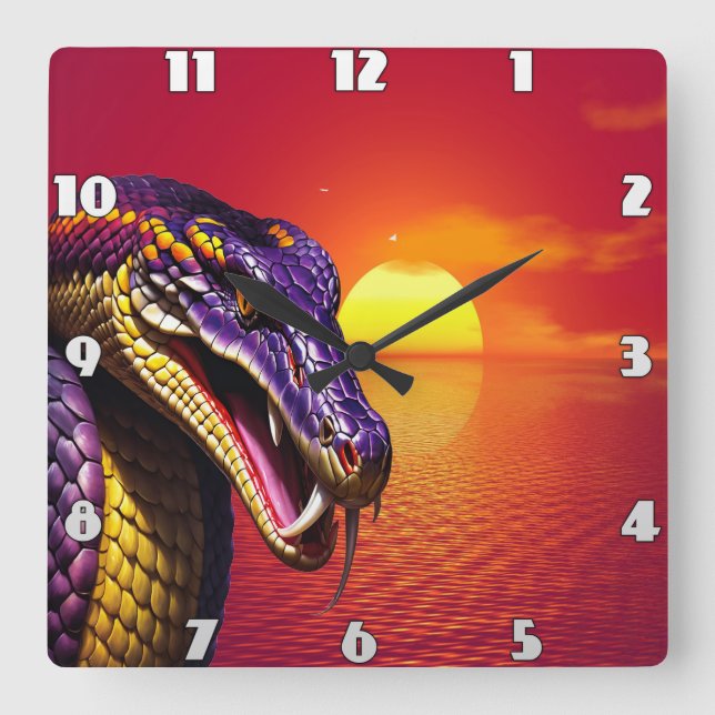 Horloge Carrée Cobra serpent avec des écailles violettes et jaune (Recto)