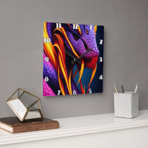 Horloge Carrée Cobra serpent avec écailles orange et violette vib